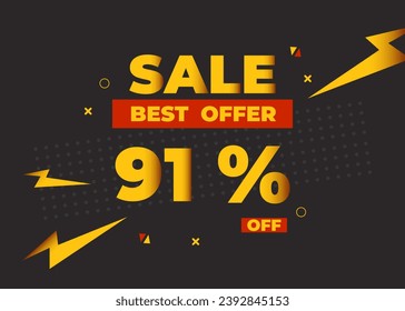 91% off sale best offer. Sale banner with ninety one percent of discount, coupon or voucher vector illustration. Yellow and red template for campaign or promotion.