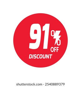 91% OFF Sale Discount Banner offer price tag. Special offer sale red label. Vector Modern Sticker Illustration Background