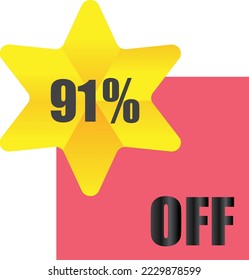91% off sale label symbol, Sale tag vector badge template, 91% sale promotion flat icon, 91% Discount offer price label, clearance sale sticker emblem, 12 12 and black Friday discount modern colorful