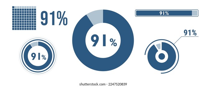 91 percent loading data icon set. Ninety-one circle diagram, pie donut chart, progress bar. 91% percentage infographic. Vector concept collection, blue color.