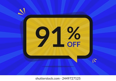 91 percent off. 91% discount. Blue and Yellow banner with floating balloon for promotions and offers.