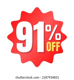 91% percent off(offer), shop now, red and yellow 3D super discount sticker, sale. vector illustration, 