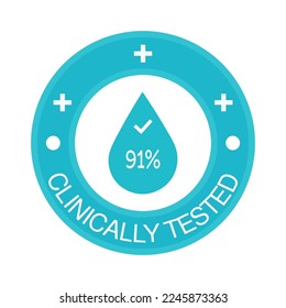 91% percentage clinically tested sign label vector art illustration. Blue Color isolated on white background.