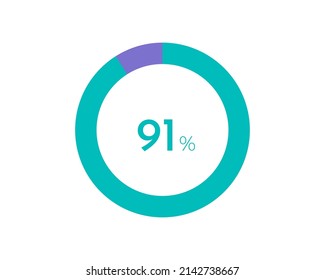 91 Percentage pie diagrams on the white background, pie chart for Your documents, reports, 91% circle percentage diagrams for infographics