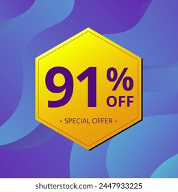 91% Sale and Discount Label. Ninety one percent Sale Discount label Geometric design. Abstract Blue and Yellow Hexagon. Vector illustration.