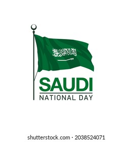 91 Saudi Arabia national day logo with green flag and state seal Emblem illustration banner. Coat of arms of Kingdom of Saudi Arabia 23 september 91 National day. KSA Celebration Card 2021 on white