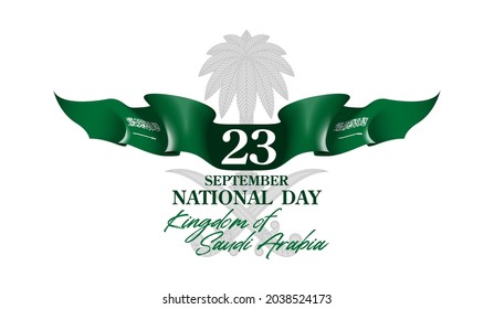91 Saudi Arabia national day logo with green flag and state seal Emblem illustration banner. Coat of arms of Kingdom of Saudi Arabia 23 september 91 National day. KSA Celebration Card 2021 on white