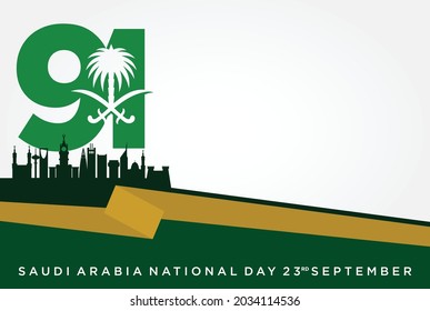 91 Saudi National Day. 23rd September. Arabic Translate: Happy National Day. Kingdom of Saudi Arabia. Vector Illustration. Eps 10.