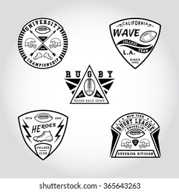 91 SET OF BADGE RUGBY. Handmade football ball, shoes, helmet retro style. Design fashion apparel texture print. T shirt graphic vintage grunge vector illustration badge label logo template. 