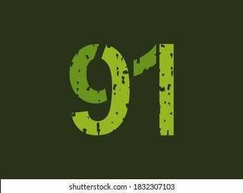 91 número vectorial hecho de grosor, textura gruesa. Estilo de impresión de sello de goma. Para logotipo, marca, afiche, elementos de diseño, etc.