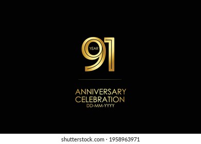 91 year anniversary celebration Gold Line. logotype isolated on Black background for celebration, invitation card, and greeting card-Vector
