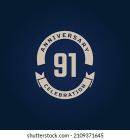 91 Year Anniversary Celebration with Golden Color for Celebration Event, Wedding, Greeting card, and Invitation Isolated on Blue Background