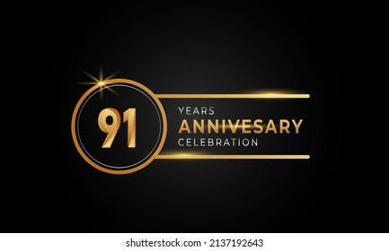 91 Year Anniversary Celebration Golden and Silver Color with Circle Ring for Celebration Event, Wedding, Greeting card, and Invitation Isolated on Black Background