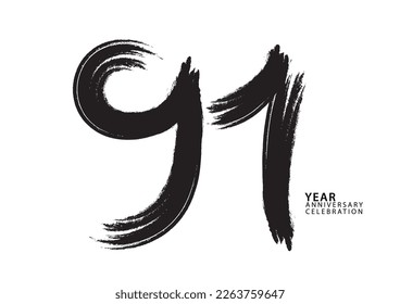 91 year anniversary celebration logotype black paintbrush vector, 91 number design, 91th Birthday invitation, anniversary template, logo number design vector, calligraphy font, typography logo