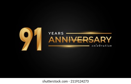 91 Year Anniversary Celebration with Shiny Golden and Silver Color for Celebration Event, Wedding, Greeting card, and Invitation Isolated on Black Background