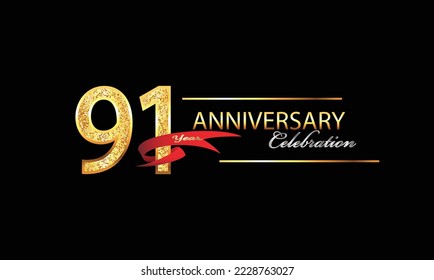 91 Year Anniversary celebration Vector Design. 91st Anniversary celebration. Gold Luxury Banner of 91st Anniversary celebration with red ribbon and glitter. Background celebration. Vector anniversary