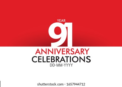 91 year Anniversary Concept Red Color and White for Banner, Poster, Greeting Card - Vector