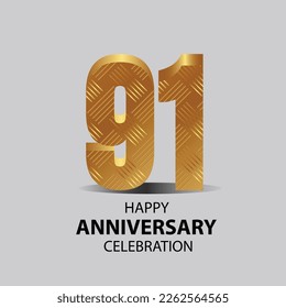 91 year anniversary, Gold shiny metallic numbers set, gold font sign isolated on gray background. Luxury fashion typography design for decoration, web, design, advertising. Vector illustration
