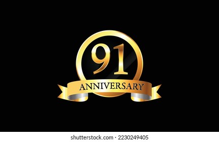 91 year anniversary logo celebration with ring and ribbon. 91st Anniversary celebration. Gold Luxury Banner of 91st Anniversary celebration. Vector anniversary