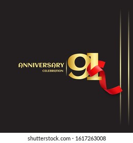 91 year anniversary logo template on black background. golden numbers with red ribbon vector