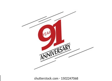 91 year anniversary, minimalist logo, greeting card. Birthday invitation. 91 year sign. Red space vector illustration on white background - Vector