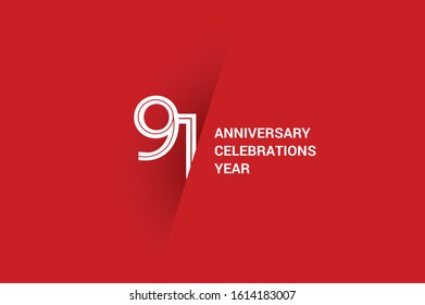 91 year anniversary, minimalist year logo jubilee, greeting card. Birthday invitation. White space vector illustration on Red background - Vector