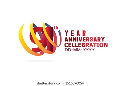 91 Year Anniversary, Red Color Text and Yellow-Orange-Blue Ribbon. Isolated graphic anniversary for banner, greeting card - vector