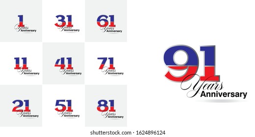 91 Year Anniversary Set 1, 11, 21, 31, 41, 51, 61, 71, 81 Vector Template Design Illustration