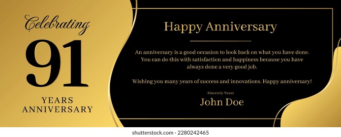91 years anniversary, a banner speech anniversary template with a gold background combination of black and text that can be replaced
