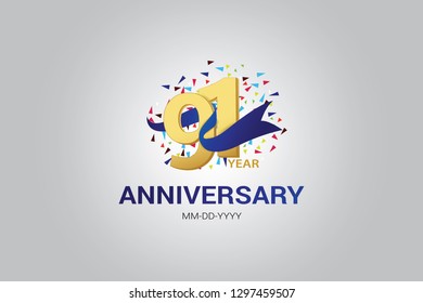 91 years anniversary blue ribbon celebration logotype. anniversary logo with golden and Spark light white color isolated on black background, vector design for celebration, invitation, greeting-vector