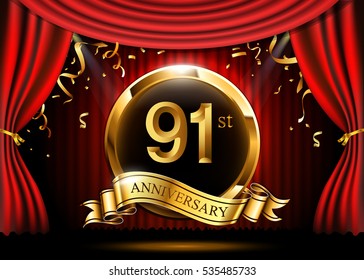 91 years anniversary celebration. with gold ribbon. Curtain background and light shine.