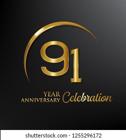 91 years anniversary celebration. Anniversary logo with swoosh and elegance golden color isolated on black background, vector design for celebration, invitation card, and greeting card