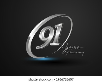 91 Years Anniversary Celebration. Anniversary logo with ring and elegance silver color isolated on black background, vector design for celebration, invitation card, and greeting card