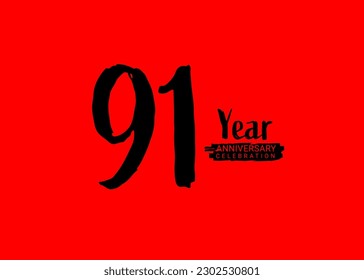 91 Years Anniversary Celebration logo on red background, 91 number logo design,91th Birthday Logo,  logotype Anniversary, Vector Anniversary For Celebration, poster, Invitation Card