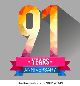 91 Years Anniversary celebration logo. with colorful polygonal.
