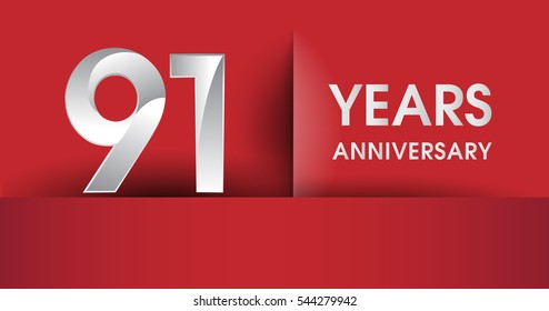 91 Years Anniversary celebration logo, flat design isolated on red background, vector elements for banner, invitation card and birthday party.