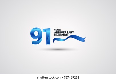 91 Years Anniversary celebration logotype colored with shiny blue, using ribbon and isolated on white background