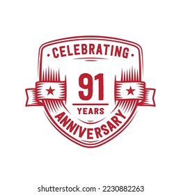 91 years anniversary celebration shield design template. 91st anniversary logo. Vector and illustration.