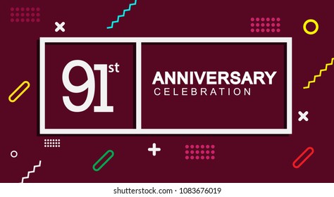 91 years anniversary celebration white square style isolated on dark purple with colorful memphis pattern background, design for anniversary celebration.
