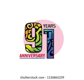 91 years anniversary with colorful tribal and pink circle. Vector illustration isolated on white background