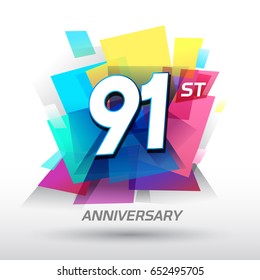 91 years Anniversary with confetti and celebration background, logo design template