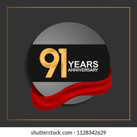 91 years anniversary design with black circle and red ribbon for celebration event