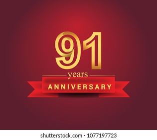 91 years anniversary design with red ribbon and golden color isolated on red background, Design for anniversary celebration.
