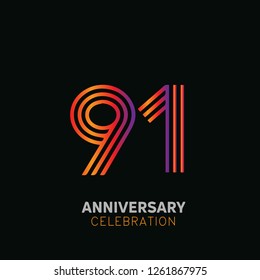 91 years anniversary design template Vector and illustration, collaboration between purple and rainbow with a dark background