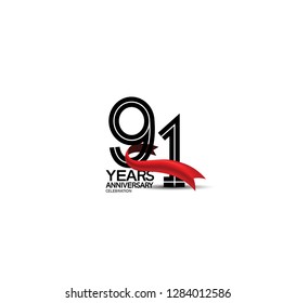 91 years anniversary flat black color and red ribbon isolated on white background