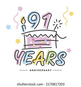 91 Years Anniversary handwritten typography lettering Greeting card with colorful big cake, sparkle firework, number, candle and confetti