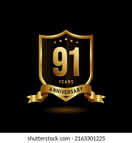 91  years anniversary logo with golden shield and ribbon for booklet, leaflet, magazine, brochure poster, banner, web, invitation or greeting card. Vector illustrations.
