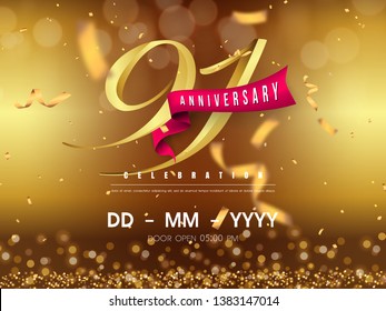 91 years anniversary logo template on gold background. 91st celebrating golden numbers with red ribbon vector and confetti isolated design elements