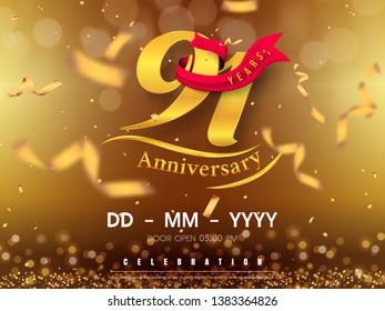 91 years anniversary logo template on gold background. 91st celebrating golden numbers with red ribbon vector and confetti isolated design elements
