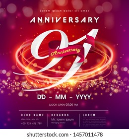 91 years anniversary logo template on red and pink  futuristic space background. 91st modern technology design celebrating numbers with Hi-tech network digital technology concept design elements